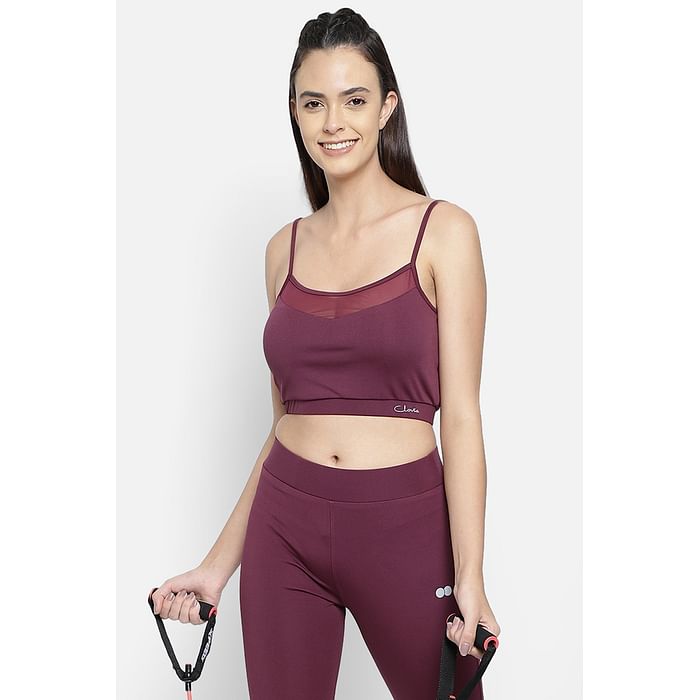 Clovia - Clovia Comfort-Fit Active Crop Top in Wine Colour with Removable Pads	 – AT0148P09