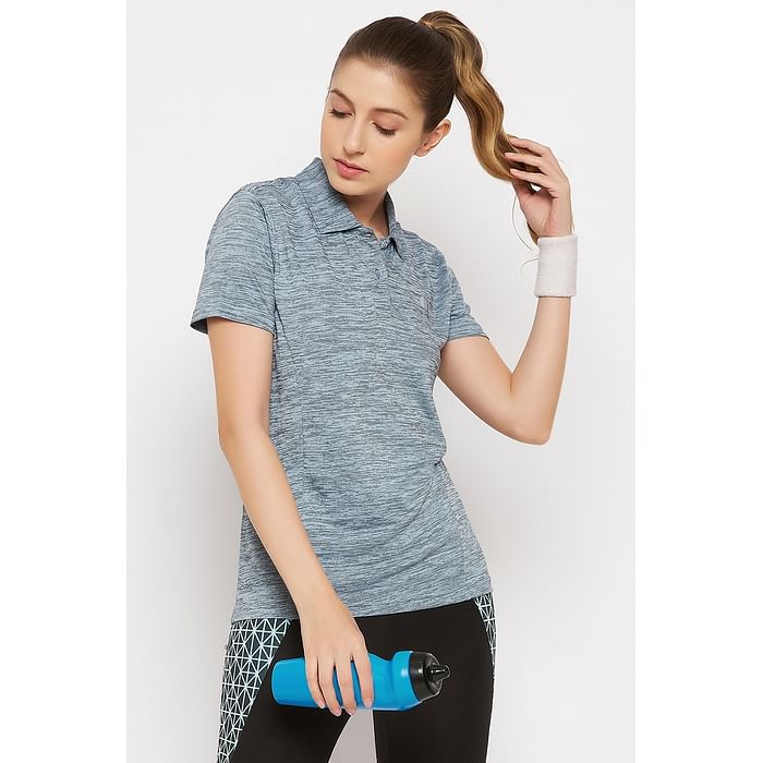 

Clovia Polo Neck Active T-shirt in Sky Blue Melange - AT0154P03, Light blue