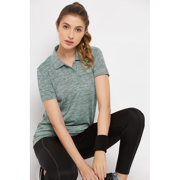 

Clovia Polo Neck Active T-shirt in Green Melange - AT0154P11, Light green
