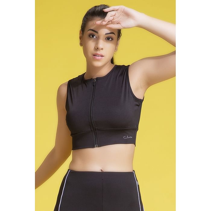 

Clovia Comfort-Fit Zipper Active Crop Top in Black - AT0156P13