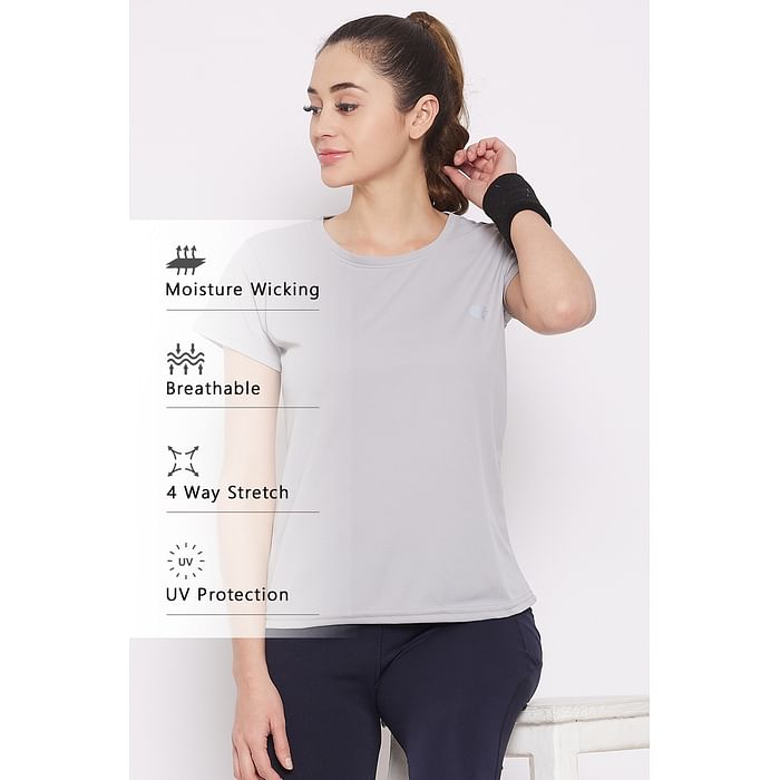 

Clovia Quick Dry Sports T-shirt in Light Grey with UV Protection - AT0158P01