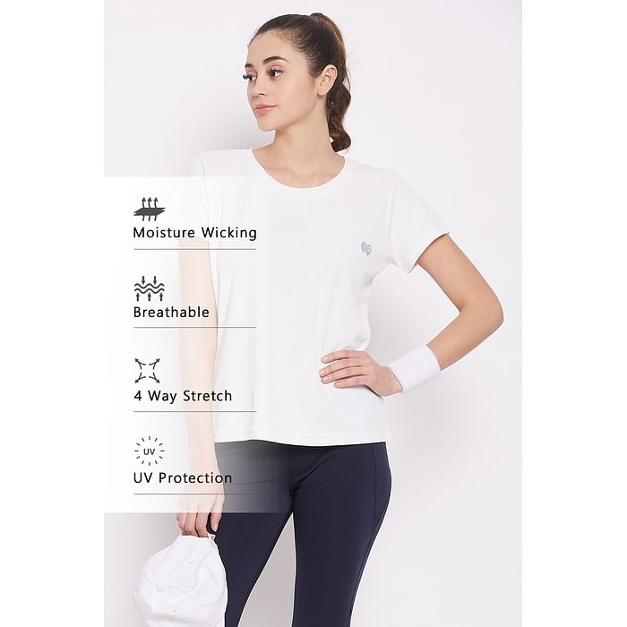 

Clovia Quick Dry Sports T-shirt in White with UV Protection - AT0159P18