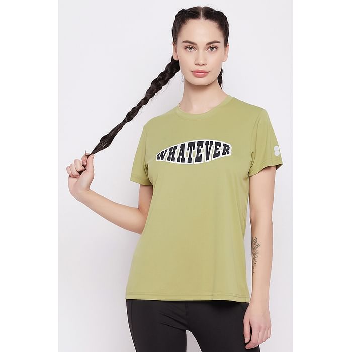

Clovia Comfort-Fit Text Print Active T-shirt in Olive Green - AT0160A17, Dark green