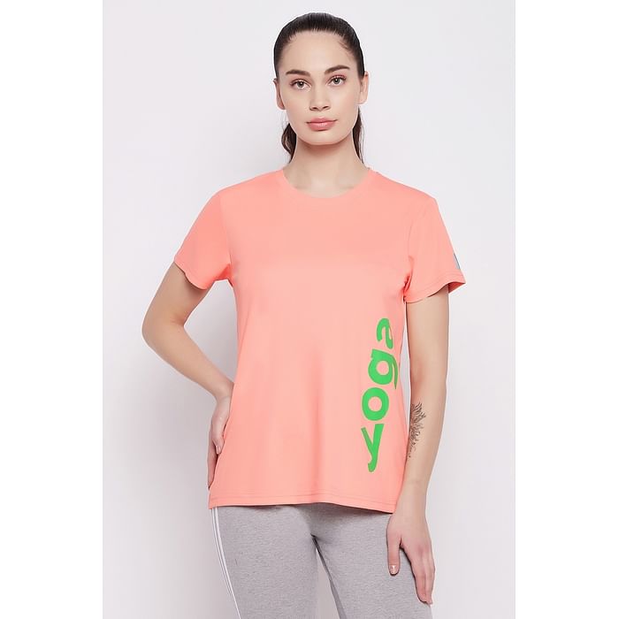 

Clovia Comfort Fit Text Print Active T-shirt in Peach Colour - AT0160A34