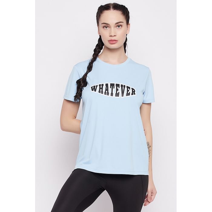 

Clovia Comfort Fit Text Print Active T-shirt in Baby Blue - AT0160D03, Light blue