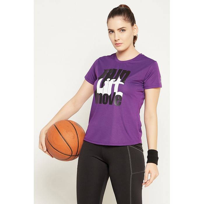 

Clovia Comfort Fit Text Print Active T-shirt in Purple - AT0160P15
