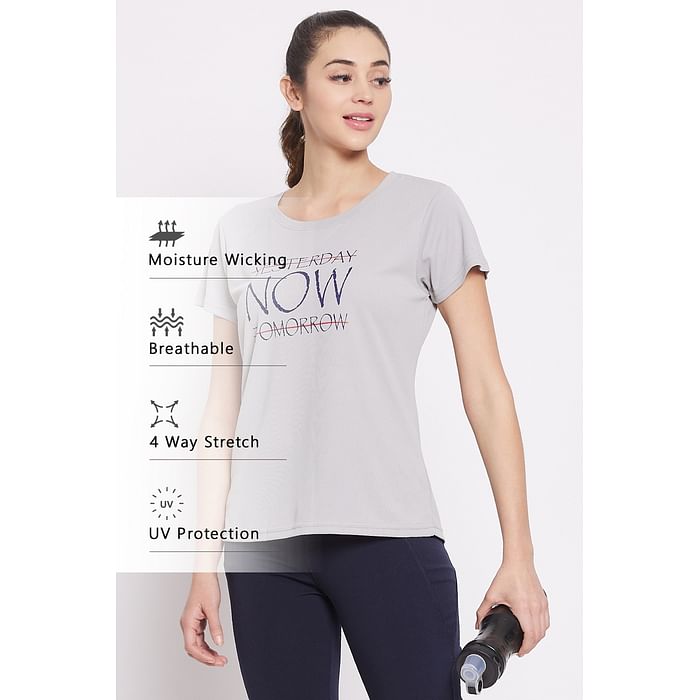 

Clovia Quick Dry Text Print Sports T-shirt in Light Grey with UV Protection - AT0161P01