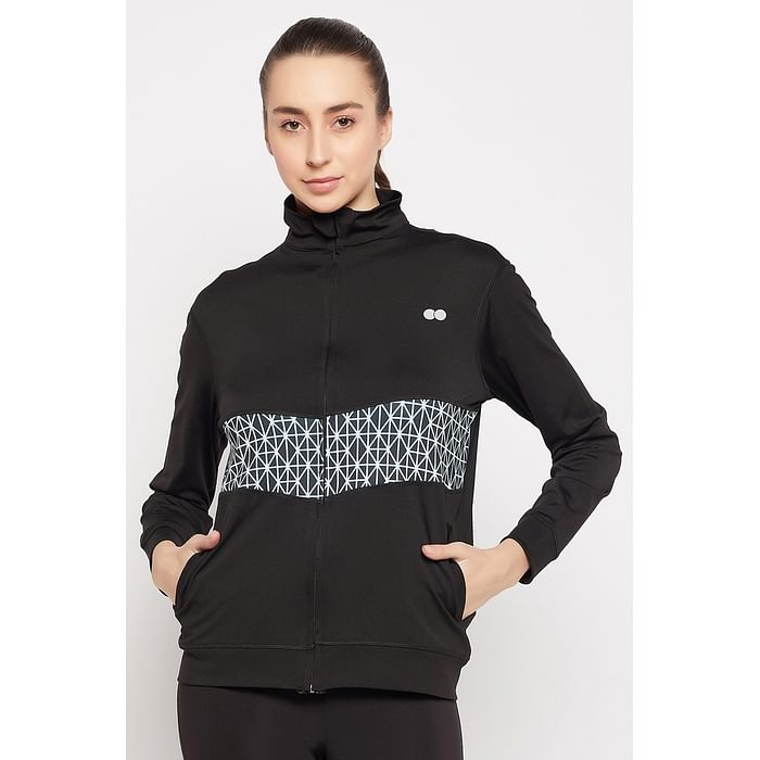 

Clovia Comfort-Fit Active Jacket in Black with Printed Panel - AT0171A13