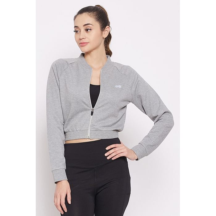 

Clovia Comfort-Fit Active Crop Sweatshirt in Melange Grey with Reflective Logo - AT0175P01, Light grey