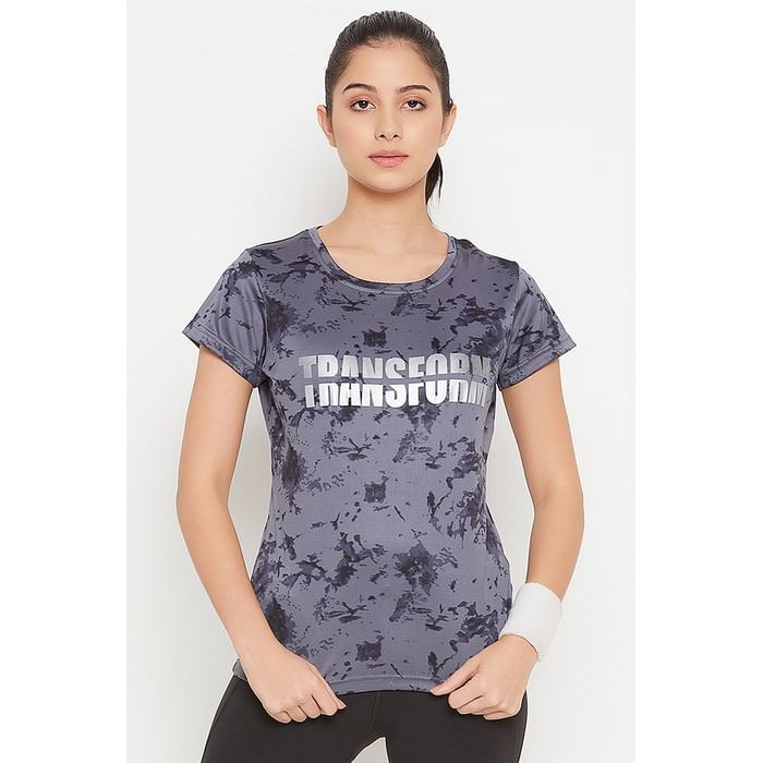 

Clovia Comfort Fit Active Text Print T-shirt in Grey with Reflective Sticker - AT0179R05, Dark grey