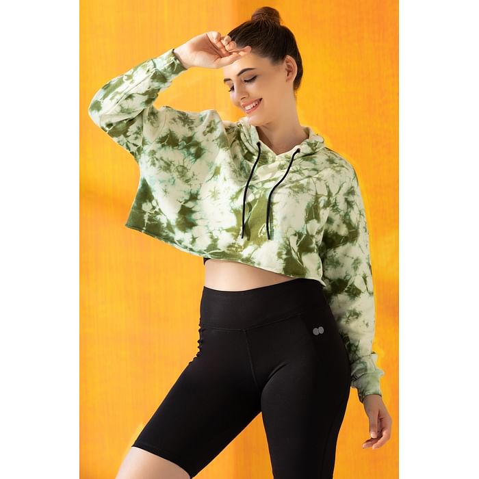 

Clovia Comfort Fit Tie-Dye Print Cropped Hoodie in Olive Green - 100% Cotton - AT0184P11, Light green