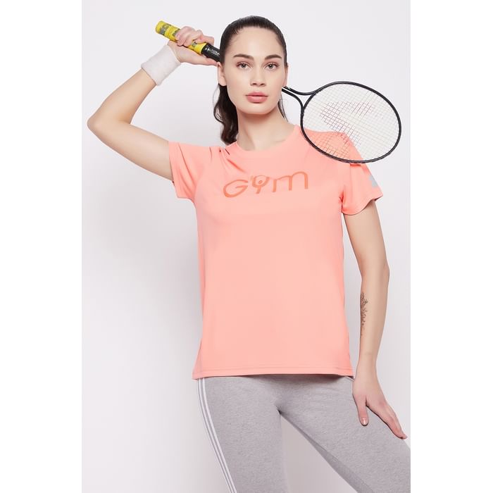 

Clovia Text Print Active T-shirt in Peach Colour - AT0188P34