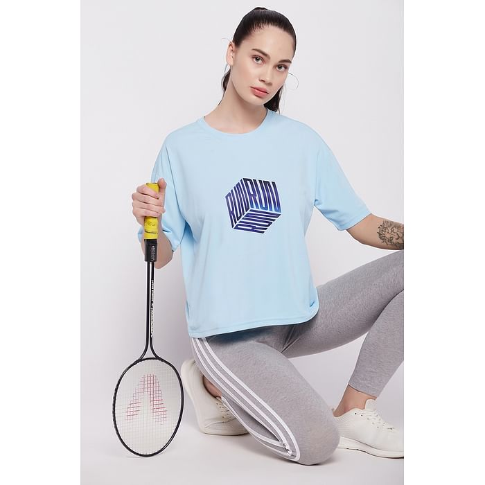 

Clovia Graphic Print Active T-shirt in Powder Blue - AT0193P03, Light blue