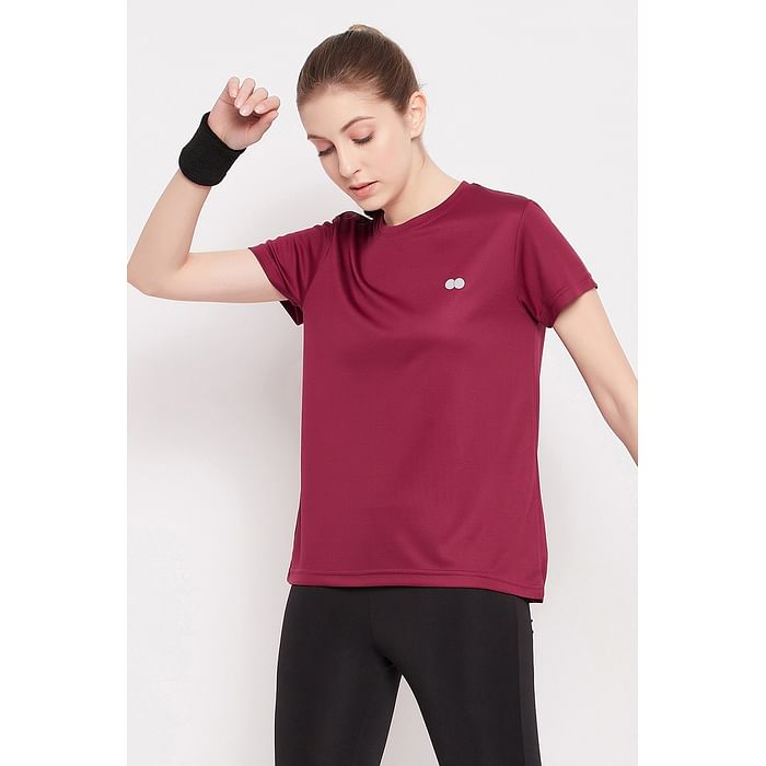 

Clovia Comfort-Fit Active T-shirt in Maroon - AT5200P09