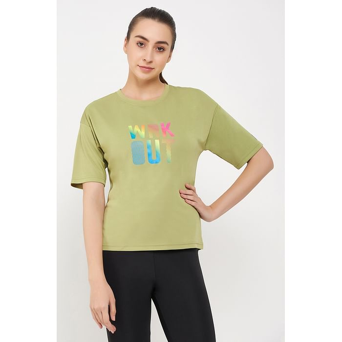 

Clovia Comfort Fit Text Print Active T-shirt in Lime Green - AT5300P17, Dark green