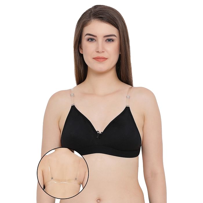 

Clovia Invisi Non-Padded Non-Wired Full Cup Multiway Strapless T-shirt Bra in Black with Transparent Straps & Band - Cotton Rich - BR0376P13