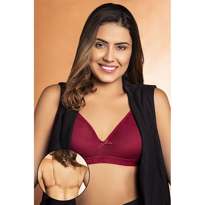 

Clovia Invisi Non-Padded Non-Wired Full Cup Multiway Strapless T-shirt Bra in Maroon with Transparent Straps & Band - Cotton Rich - BR0376P09