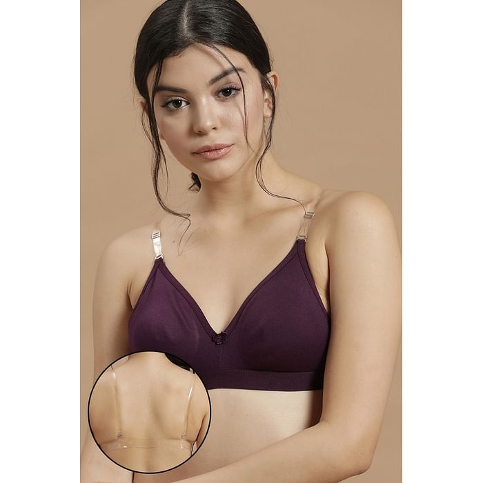 

Clovia Invisi Non-Padded Non-Wired Full Cup Multiway Strapless T-shirt Bra in Wine Colour with Transparent Straps & Band - Cotton Rich - BR0376P12, Lavender