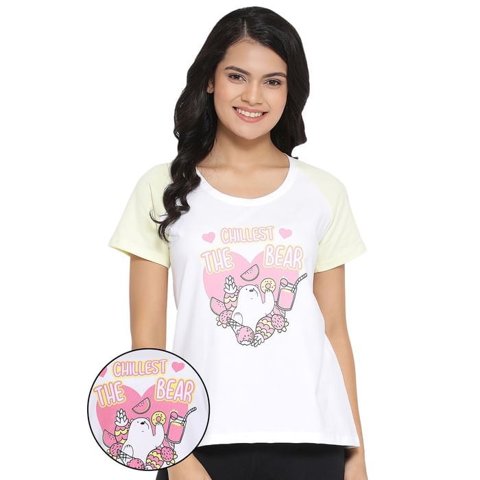 

Clovia Bear Print Top in Light Yellow - Cotton Rich - LT0128P02