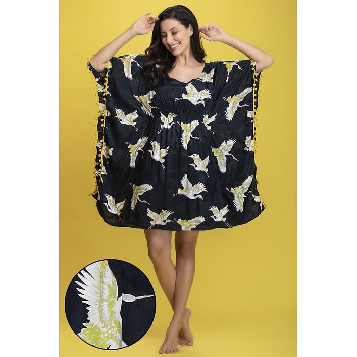 

Clovia Bird Print Beach Cover-up in Navy - Georgette - RW0034A08