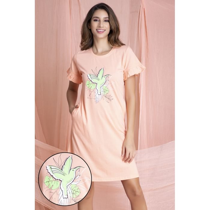 

Clovia Bird Print Short Night Dress in Peach - Cotton Rich - NS1340A34, Teal