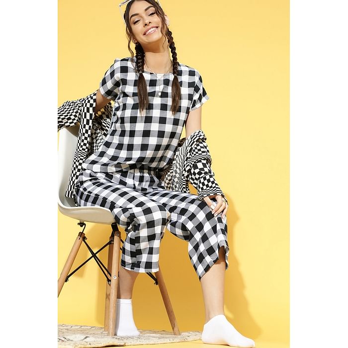 

Clovia Classic Checks Top & Pyjama Set in Black & White - Crepe - LS0537A13