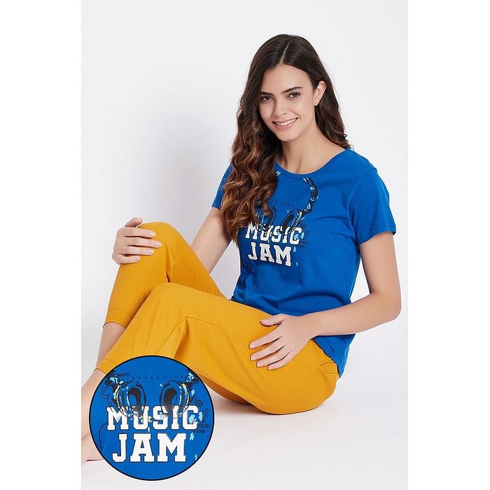 

Clovia Cobalt Blue Printed Top & Mustard Capri Set - Cotton & Crepe - LSC187E08, Navy