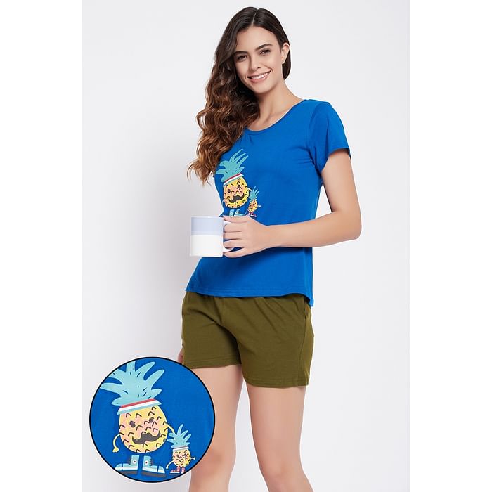Clovia - Clovia Cobalt Blue Printed Top & Olive Green Shorts Set – Cotton	 – LSC124D17