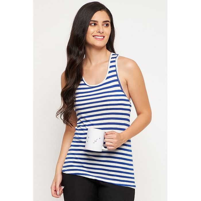 

Clovia Blue & White Striped Tank Top - Cotton Rich - CM0013H08, Navy