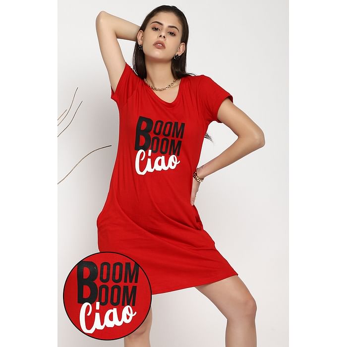 

Clovia Text Print Short Night Dress in Red - 100% Cotton - NS1209P04