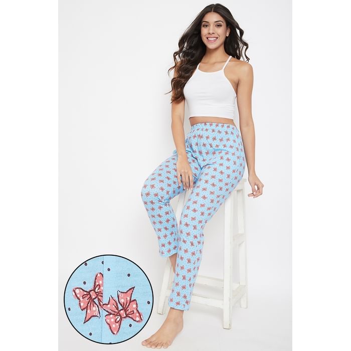 

Clovia Bow Print Pyjama in Light Blue - Cotton Rich - LB0176G03
