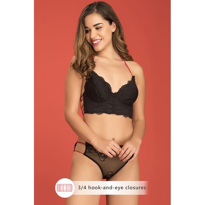 

Clovia Non-Padded Underwired Halter Neck Bridal Bra with Bikini in Black - Lace - BP0800P13
