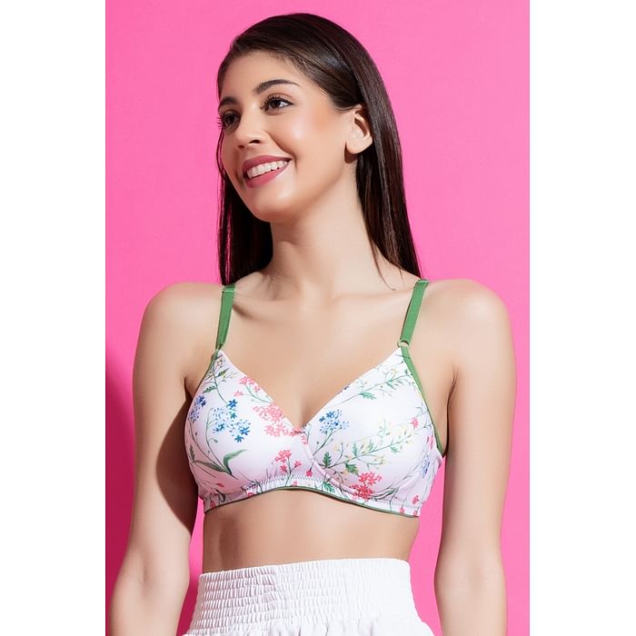 

Clovia Padded Non-Wired Full Cup Floral Print T-shirt Bra in White - BR0935O18