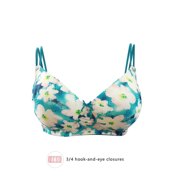 

Clovia Padded Non-Wired Full Cup Floral Print T-shirt Bra in Turquoise - BR1067T03, Light blue