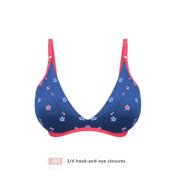 

Clovia Non-Padded Non-Wired Demi Cup Star Print Plunge Bra in Blue - 100% Cotton - BR1595I08, Navy