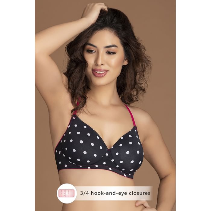 

Clovia Padded Non-Wired Polka Print T-Shirt Bra with Racerback in Black - BR1658R13
