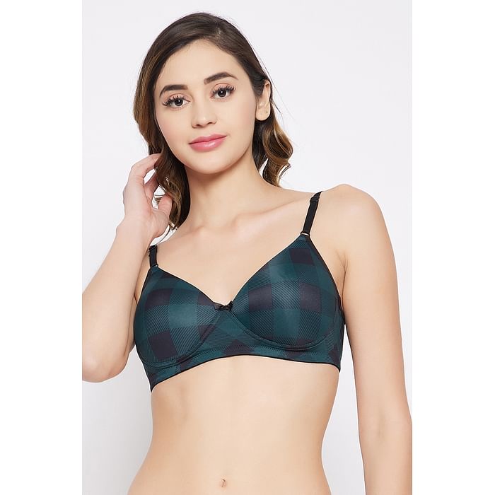 

Clovia Padded Non-Wired Full Cup Checkered Print T-shirt Bra in Teal Green - BR1804V17, Dark green