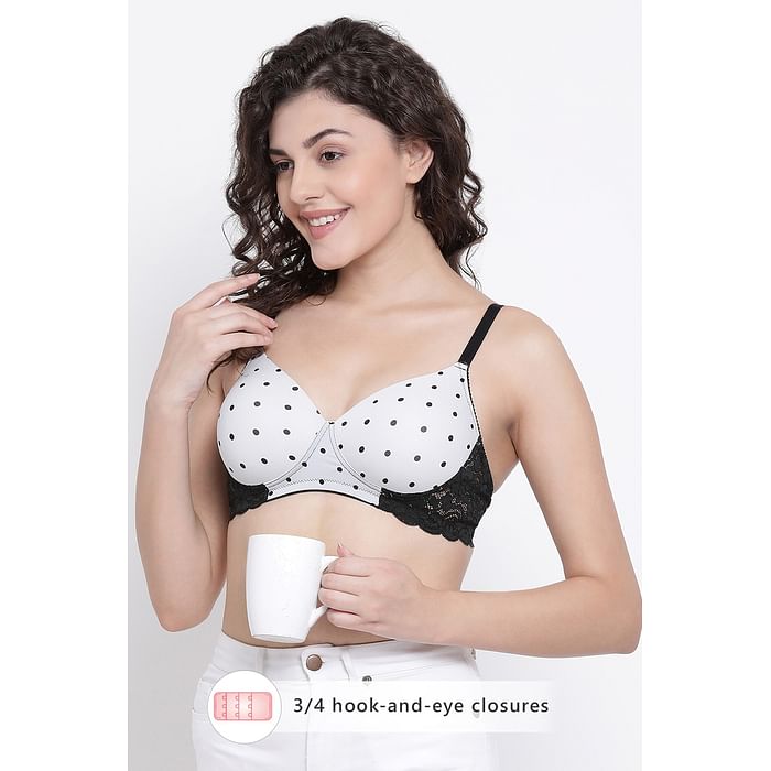 

Clovia Padded Non-Wired Full Cup Polka Print T-Shirt Bra in White - BR1874Z18