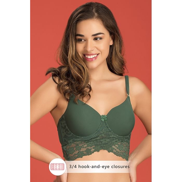 

Clovia Padded Underwired Longline Bralette in Dark Green - Lace - BR2047R17