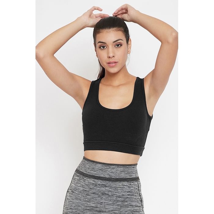 

Clovia Medium Impact Padded Sports Bra with Cutout Back in Black - BR2056P13