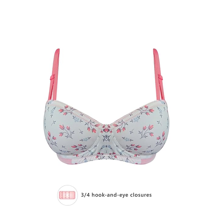 

Clovia Padded Non-Wired Demi Cup Floral Print Strapless T-shirt Bra in White with Balconette Style - BR2081G18