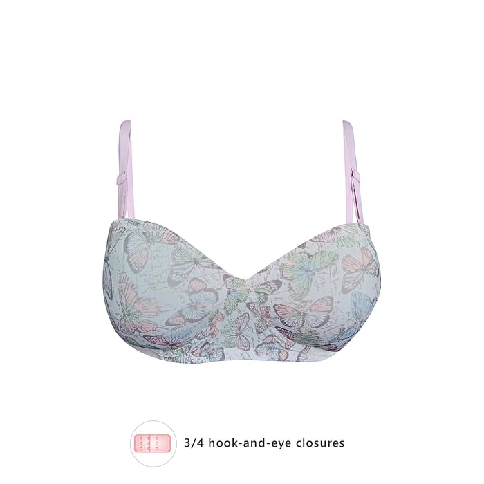 

Clovia Padded Non-Wired Demi Cup Butterfly Print Strapless T-shirt Bra in White with Balconette Style - BR2081M18