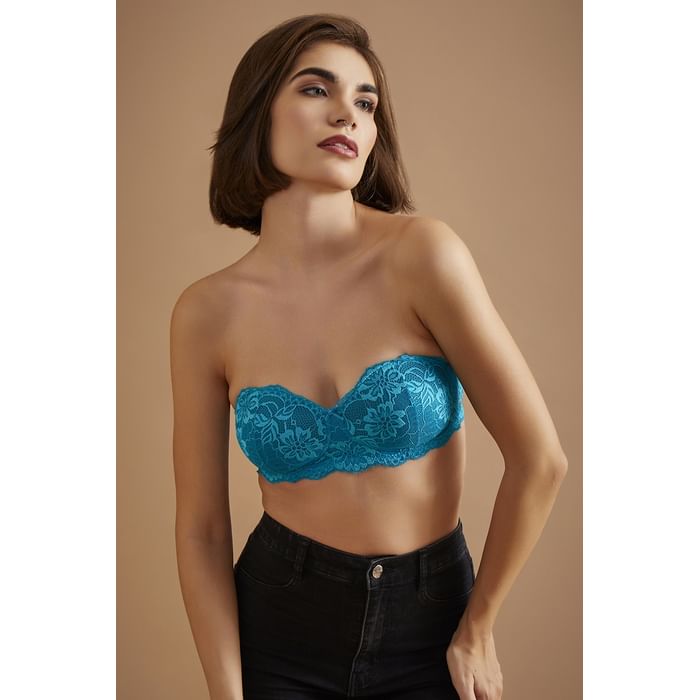 

Clovia Padded Non-Wired Demi Cup Strapless Balconette Bra in Turquoise Blue - BR2081P36, Teal