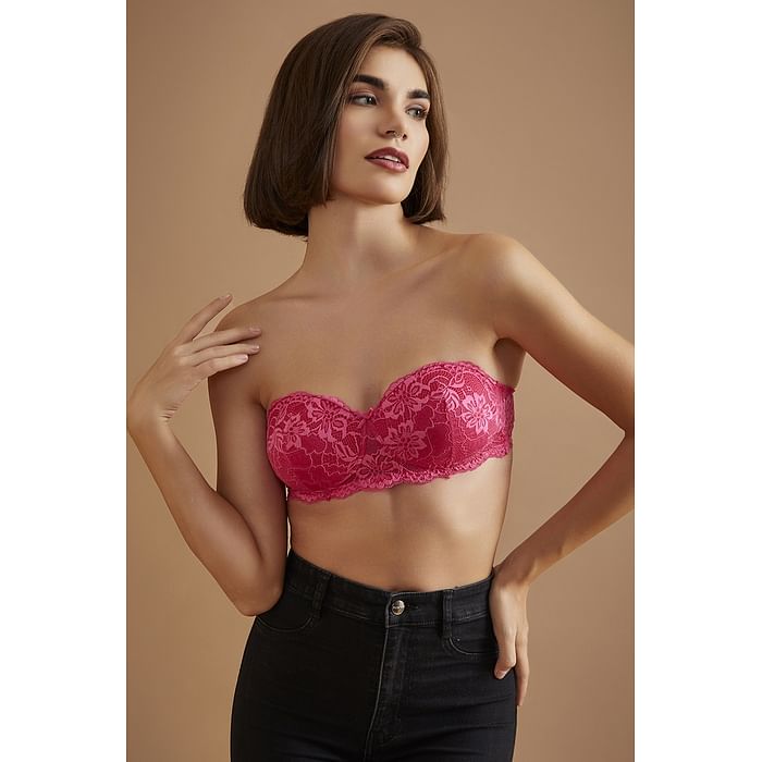 

Clovia Padded Non-Wired Demi Cup Strapless Balconette Bra in Hot Pink - Lace - BR2081X14