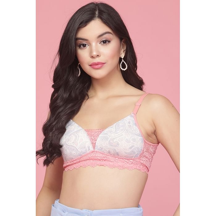 

Clovia Padded Non-Wired Full Cup Paisley Print Multiway Bralette in Baby Pink - Lace - BR2099R22, Light pink