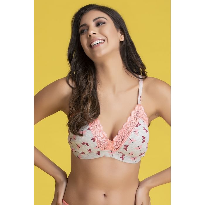 

Clovia Padded Non-Wired Dragonfly Print Demi Cup Multiway Plunge Bralette in Grey- Lace - BR2216P05, Dark grey