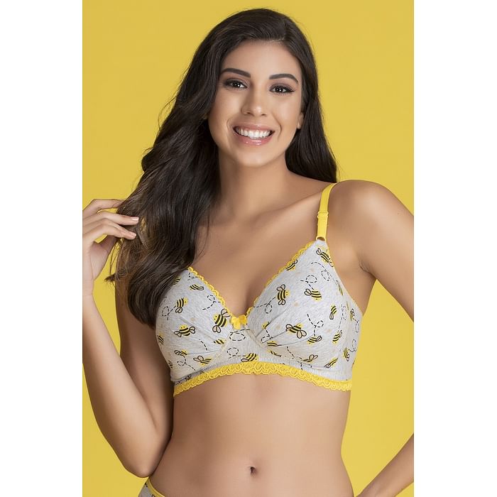 

Clovia Padded Non-Wired Full Cup Bee Print Bra in Grey - Cotton & Lace - BR2219P05, Dark grey