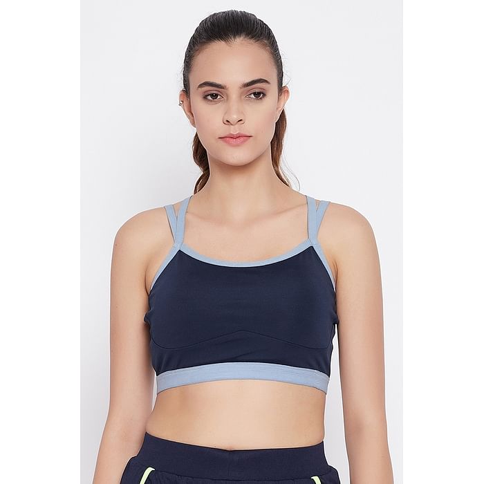 

Clovia Medium Impact Padded Non-Wired Full Cup Racerback Sports Bra in Navy with Removable Pads - BR2231A08