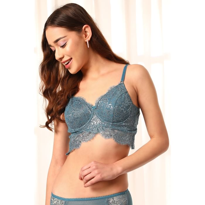 

Clovia Non-Padded Underwired Full Cup Self-Patterned Longline Bralette in Teal Blue - Lace - BR5018R03, Light blue