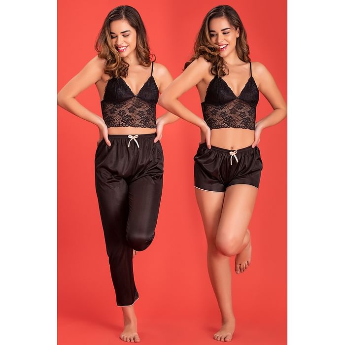 

Clovia Bralette with Shorts & Pyjama Set in Black - Lace - NS1293P13